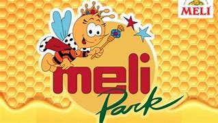 Logo van Meli Park met een vrolijke bij tegen een achtergrond van honingraten.
