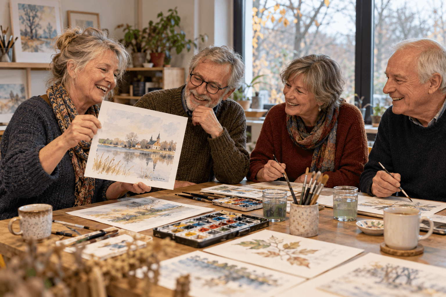 Vier oudere volwassenen schilderen en lachen samen tijdens een creatieve workshop.
