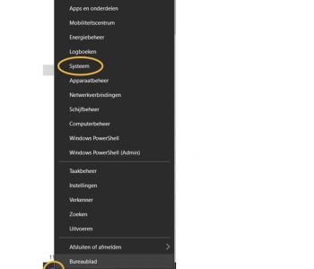 Windows-snelmenu met de optie Systeem omcirkeld.