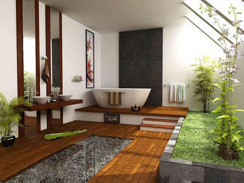 Feng-Shui badkamer met houten vloer, kiezelstenen en veel groen.