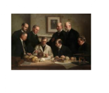 Schilderij van mannen die rond een tafel een schedel en beenderen bekijken.