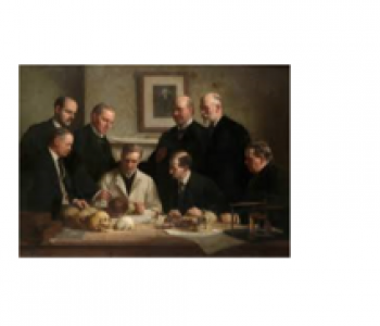 Schilderij van mannen rond een tafel met schedels en botten.