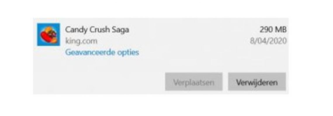 Candy Crush Saga in de lijst met apps, met de knop Verwijderen.