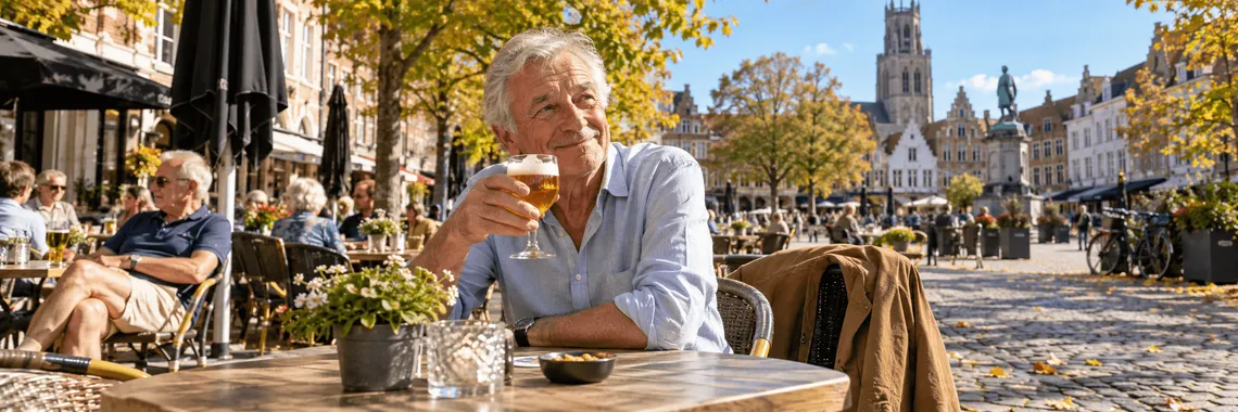 Oudere man geniet van een pint op een zonnig terrasje, omringd door goudgele herfstbladeren.