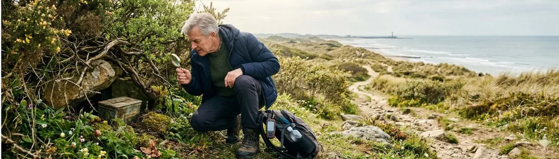 Actieve man zoekt naar geocache in de duinen