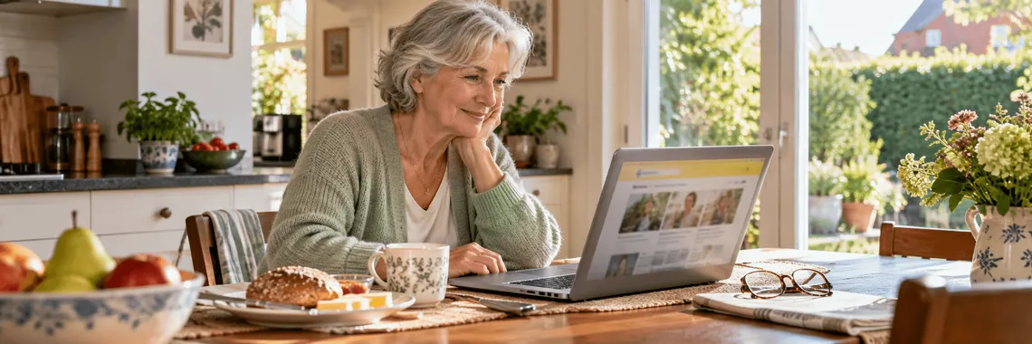 Vrouw geniet van koffie en bekijkt haar laptop aan de ontbijttafel in het ochtendlicht.