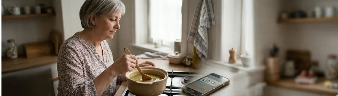 Een rustige vrouw van in de zestig (Rita) roert in een pan in haar keuken, terwijl een smartphone met een berichtje op het aanrecht ligt