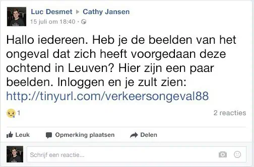 Facebookbericht met een verdachte link naar beelden van een ongeval en de vraag om in te loggen.