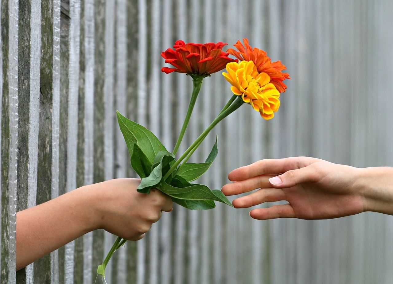 Een hand reikt een bosje rode, oranje en gele bloemen aan een andere hand.