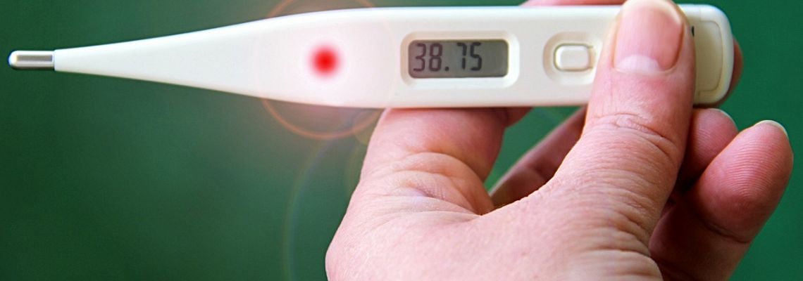 Een hand houdt een digitale thermometer vast die 38,75 graden aangeeft.