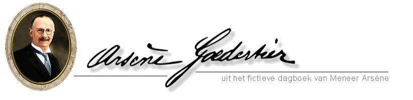 Ovaal portret van een man met snor naast een sierlijke handtekening en de tekst ‘het fictieve dagboek van Meneer Arsène’.