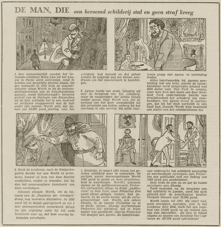 Oude krantenstrip met vier prenten onder de titel ‘De man, die een beroemd schilderij stal en geen straf kreeg’.