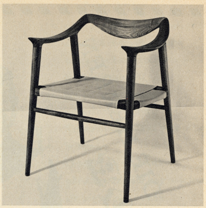 Advertentie uit het magazine DU, 1958.Deze Nordic stoel is weer helemaal terug van weggeweest.Op de tweedehands markt is dit een geliefd product.En in Japan is er een bedrijf die deze stoel terug in productie heeft genomen, en helemaal met de hand maakt uit teak en leder voor het milde bedrag van 3.000,00€