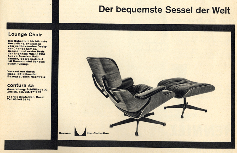Advertentie uit het magazine Du, 1958.Eames Chair, uit de Herman Miller Collectie.Nog steeds in productie bij Vitra, en nog steeds het ideale meubel om stijlvol de krant in te lezen.