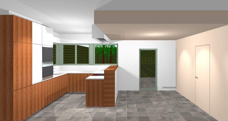 In het ontwerp zijn de volgende materialen voorzien:Corian voor het werkblad, houtfineer om het hoofdvolume aan te geven, en lakwerk voor de kastfronten.De plint is gemaakt in gepolijst inox. Door het spiegelend effect lijkt de vloer door te lopen.