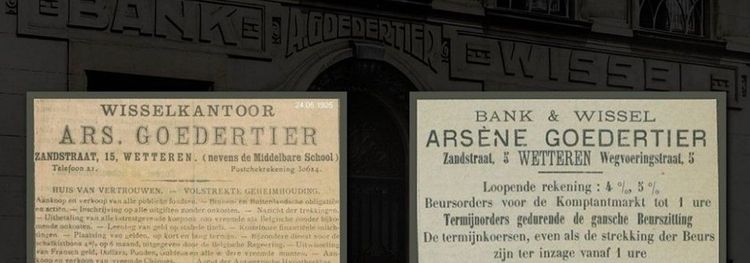 Twee oude advertenties voor een bank en wisselkantoor, met de gevel op de achtergrond.