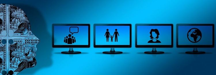 Een hoofd met elektronische circuits naast vier schermen met symbolen voor mensen, communicatie en de wereld.