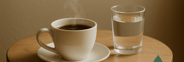 Een dampende kop zwarte koffie en een glas water op een ronde houten tafel.