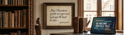 Een overgang van een klassiek ingekaderd gedicht van Guido Gezelle naar een moderne digitale omgeving, symboliserend de evolutie van de Vlaamse taal.