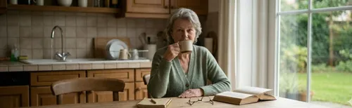 Een sfeervol, rustig beeld van een vrouw aan een keukentafel met een koffiemok, kijkend uit het raam (geen geposeerde lach, maar een reflectieve blik).