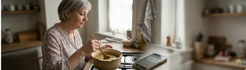 Een rustige vrouw van in de zestig (Rita) roert in een pan in haar keuken, terwijl een smartphone met een berichtje op het aanrecht ligt