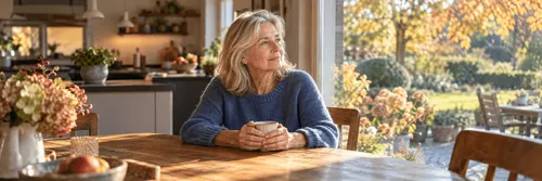 Vrouw zit met een kop koffie aan de keukentafel en kijkt naar de zonovergoten herfsttuin.