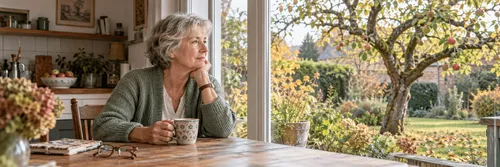 Een vrouw kijkt met een kop koffie vanuit haar keuken naar de appelboom in haar tuin.