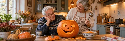 Een glimlachende oudere man bekijkt een uitgesneden Halloweenpompoen aan de keukentafel.