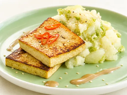 Gemarineerde tofoe met puree van Chinese kool