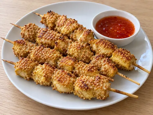 Kipsaté met sesam en pikante dip