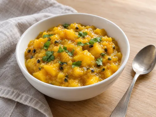 Compote van mango en passievruchten