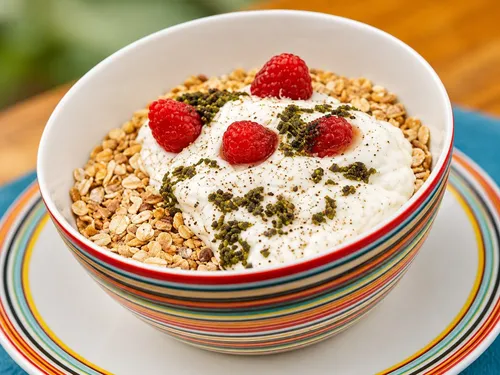 Muesli met plattekaas en frambozen