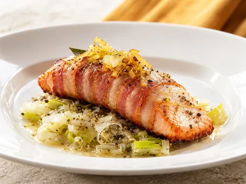 Ovenpakketjes van zalm met spek en prei