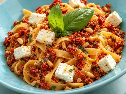 Pasta met tomatenpesto en feta