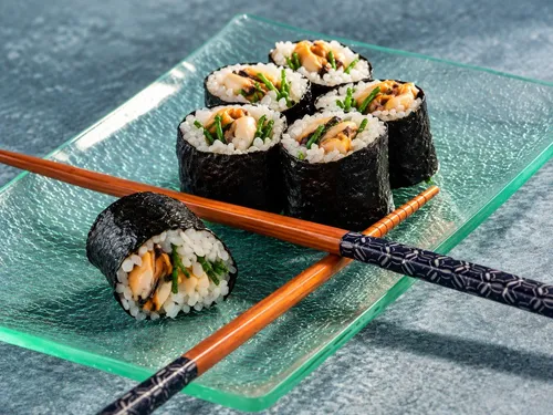 Sushi van mosselen met zeekraal