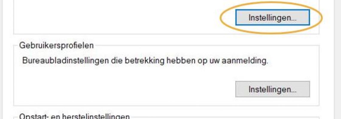Windows-venster met de knop ‘Instellingen’ voor prestaties omcirkeld.
