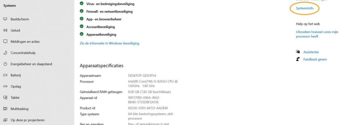 Windows-scherm met apparaatspecificaties en de link Systeeminfo omcirkeld.