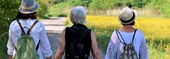 Drie vrouwen met rugzakken wandelen samen over een pad tussen het groen en de bloemen.