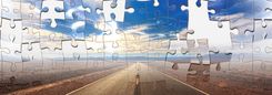 Een puzzel met ontbrekende stukken toont een lange weg naar de horizon.