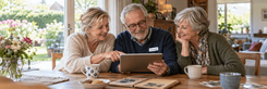Drie oudere volwassenen bekijken samen glimlachend een tablet aan de keukentafel.