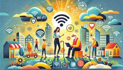 Kleurrijke illustratie van mensen met digitale toestellen, omringd door wifi-symbolen.