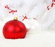 Een rode en een witte kerstbal tussen witte kersttakken en rode besjes.